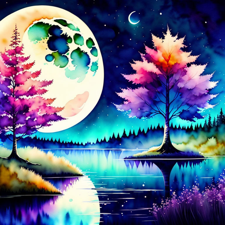 Colorful painting of vivid trees reflecting in water under a night sky with a large moon and stars