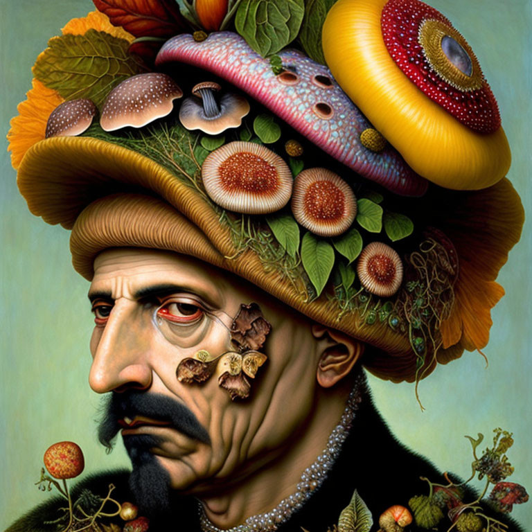 Surreal portrait of man with hat of mushrooms and leaves