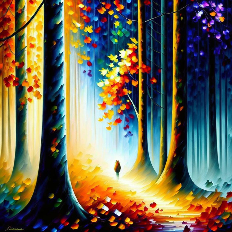 Impressionistic painting of person in vibrant forest landscape