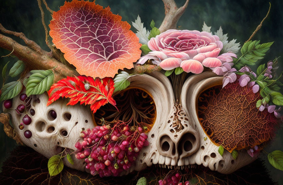 Skull with vibrant plants, flowers, and berries in digital art