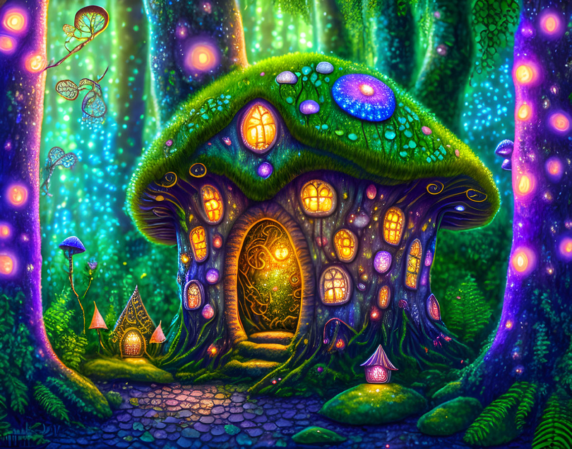 Colorful fantasy illustration of whimsical mushroom house in enchanted forest