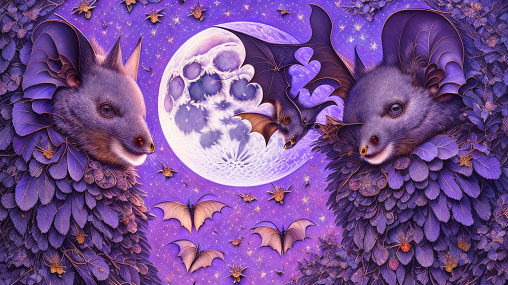 Fantasy Artwork: Purple Winged Creatures with Full Moon and Bats