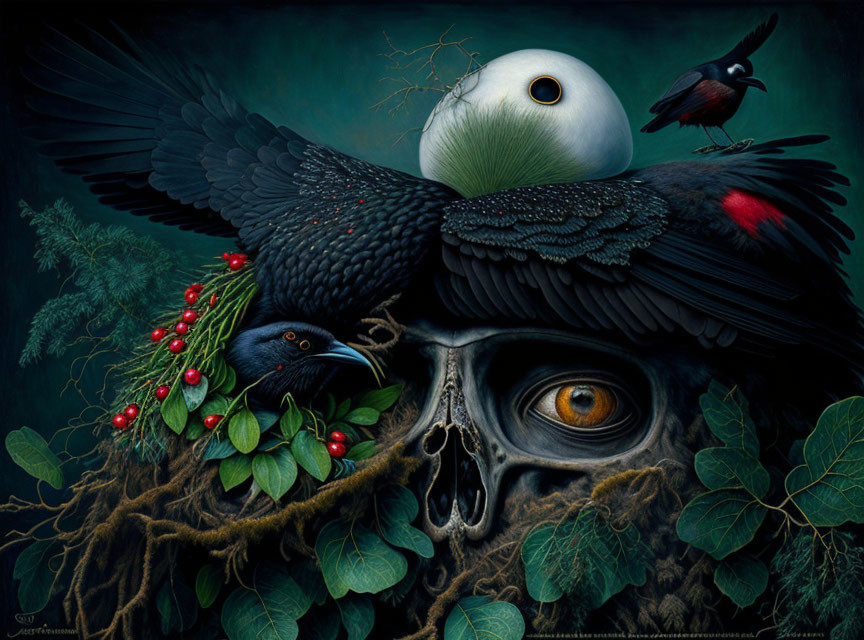 Surreal skull with human eye, birds, eye in egg, plants, roots in dark setting