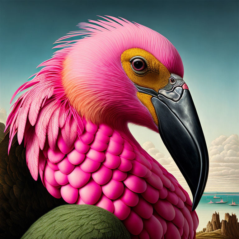 Colorful Pink Bird Illustration Against Blue Sky and Mountain Landscape