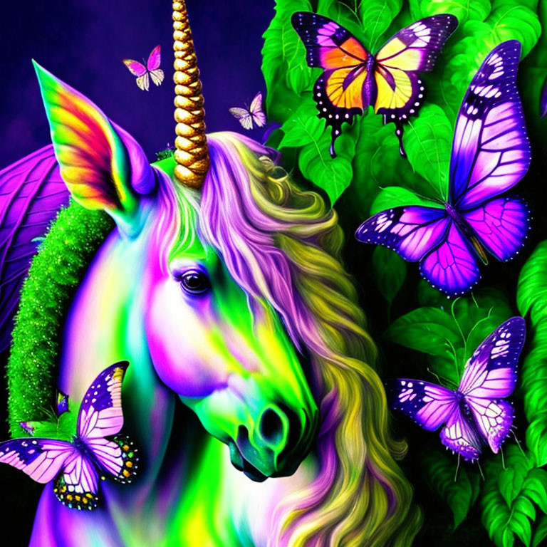 Colorful Unicorn with Golden Horn Surrounded by Butterflies in Nature