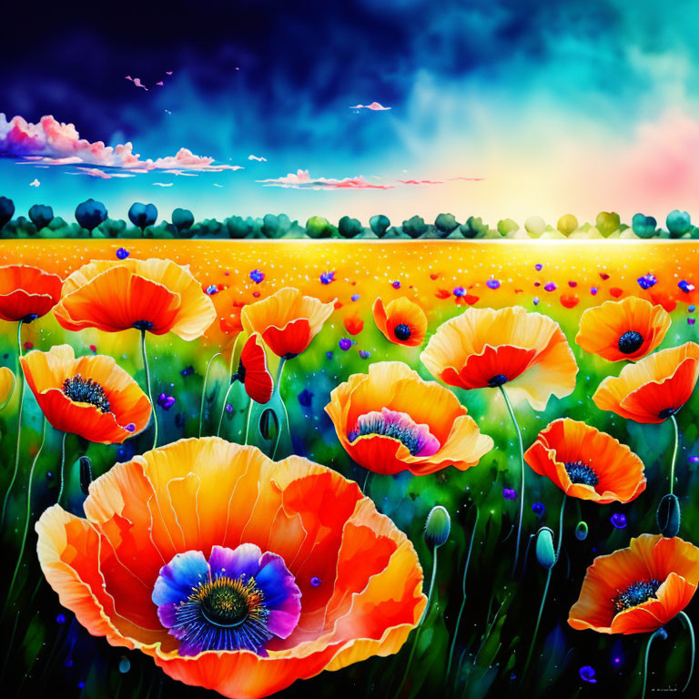 Colorful Sunset Sky Over Vibrant Red Poppy Field