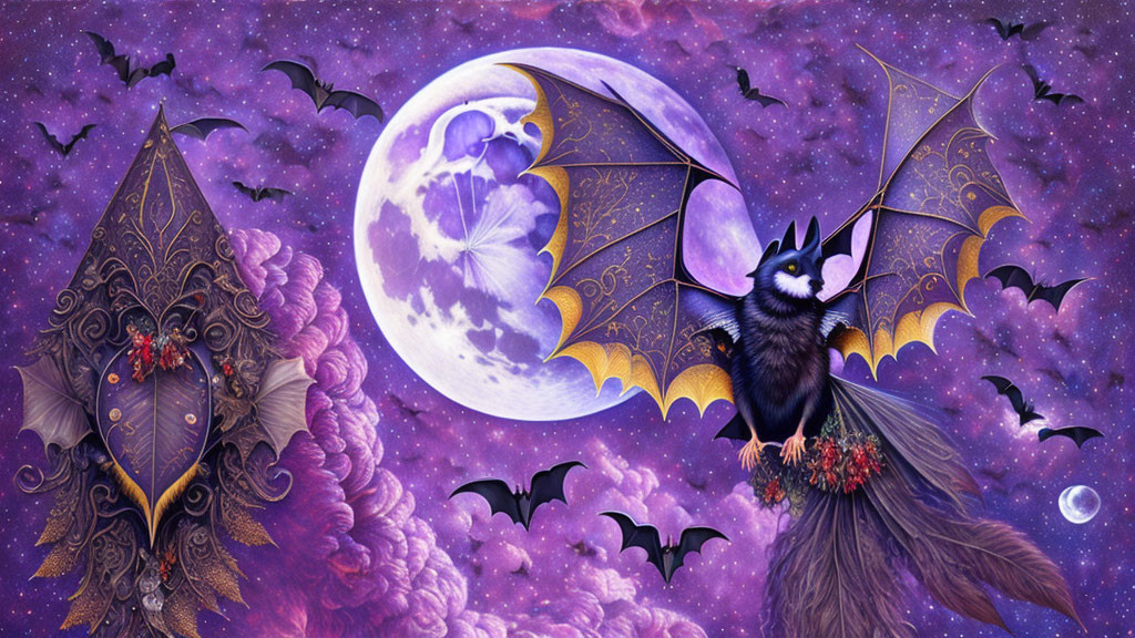 Whimsical bat illustration with full moon and colorful sky