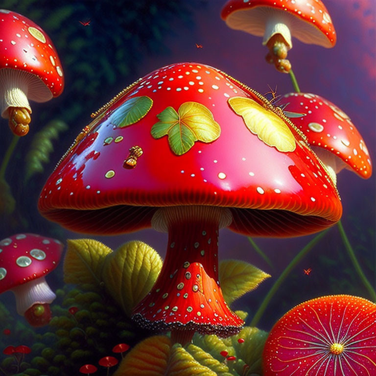 Colorful digital artwork: Oversized red mushrooms in enchanted forest with glowing insects.