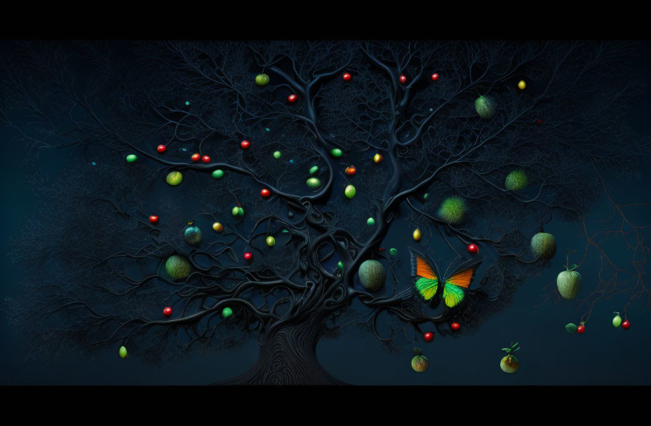 Whimsical tree with glowing fruits and butterfly on dark blue background