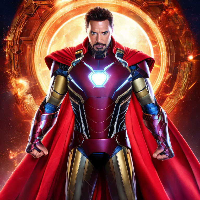 Superhero in Red and Gold Costume with Fiery Portal Background