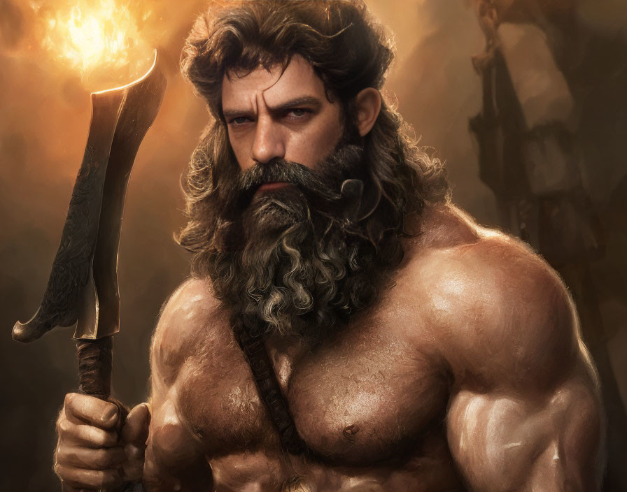 Muscular warrior with torch and battle-worn blade in epic setting