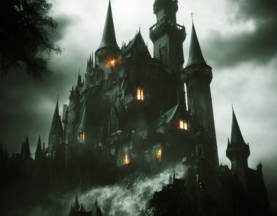 Eerie Gothic Castle with Illuminated Windows at Dusk