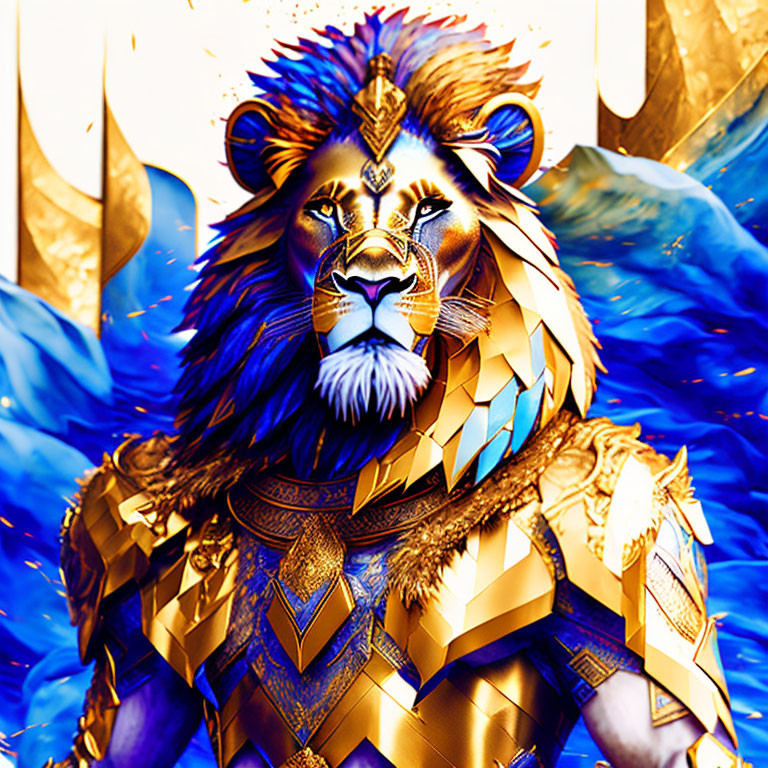 Majestic lion in golden armor on blue background