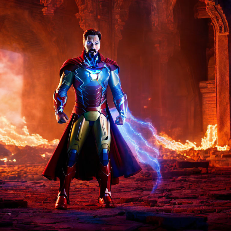 Superhero in Red and Blue Costume with Magical Energy in Fiery Ruins