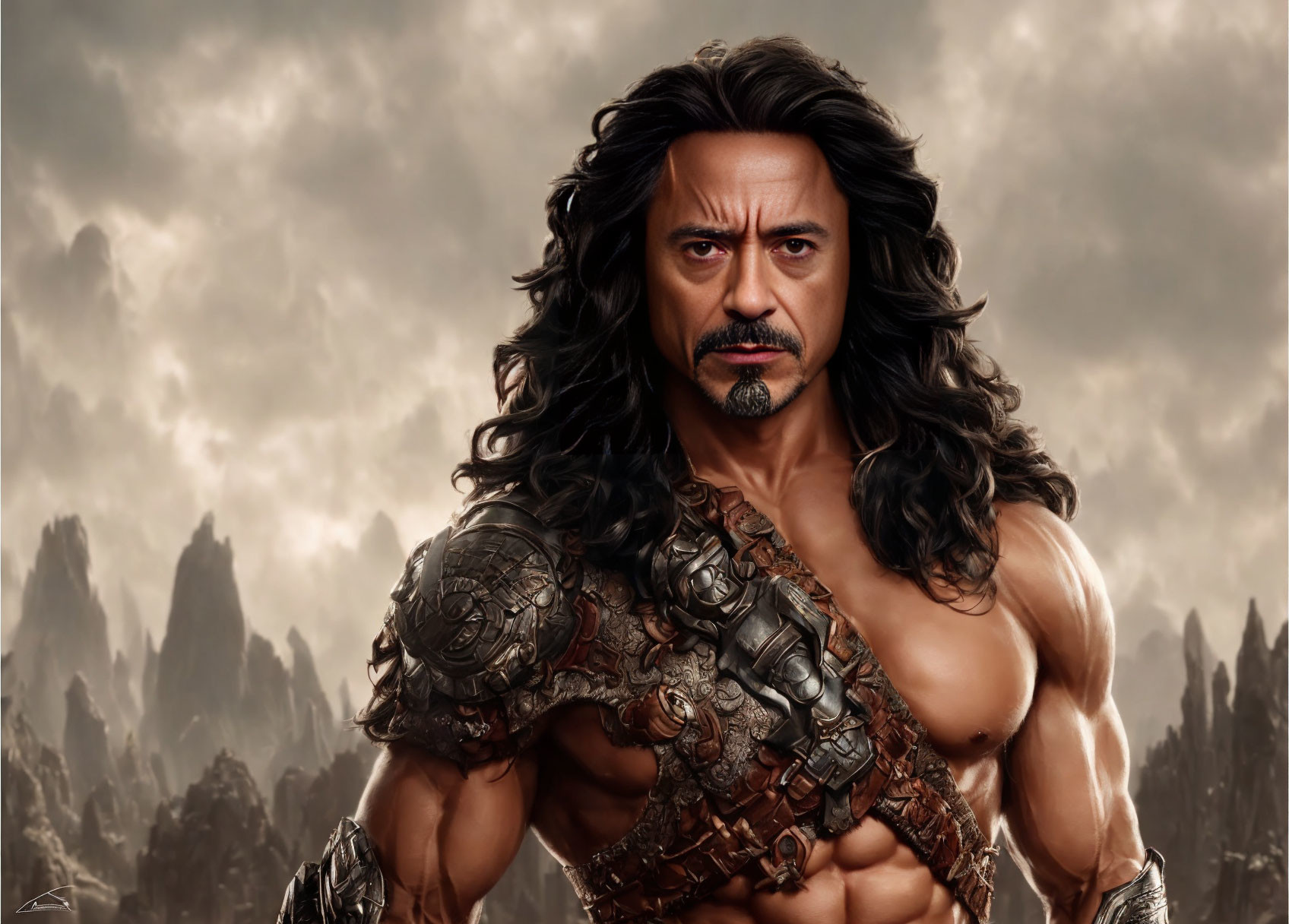 Fantasy digital art: Muscular man in armor with long hair on dramatic rocky terrain.