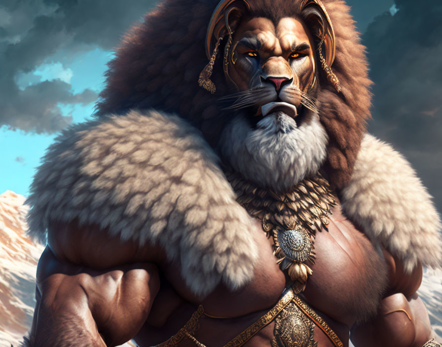 Majestic lion with human-like torso and luxurious jewelry in mountainous setting