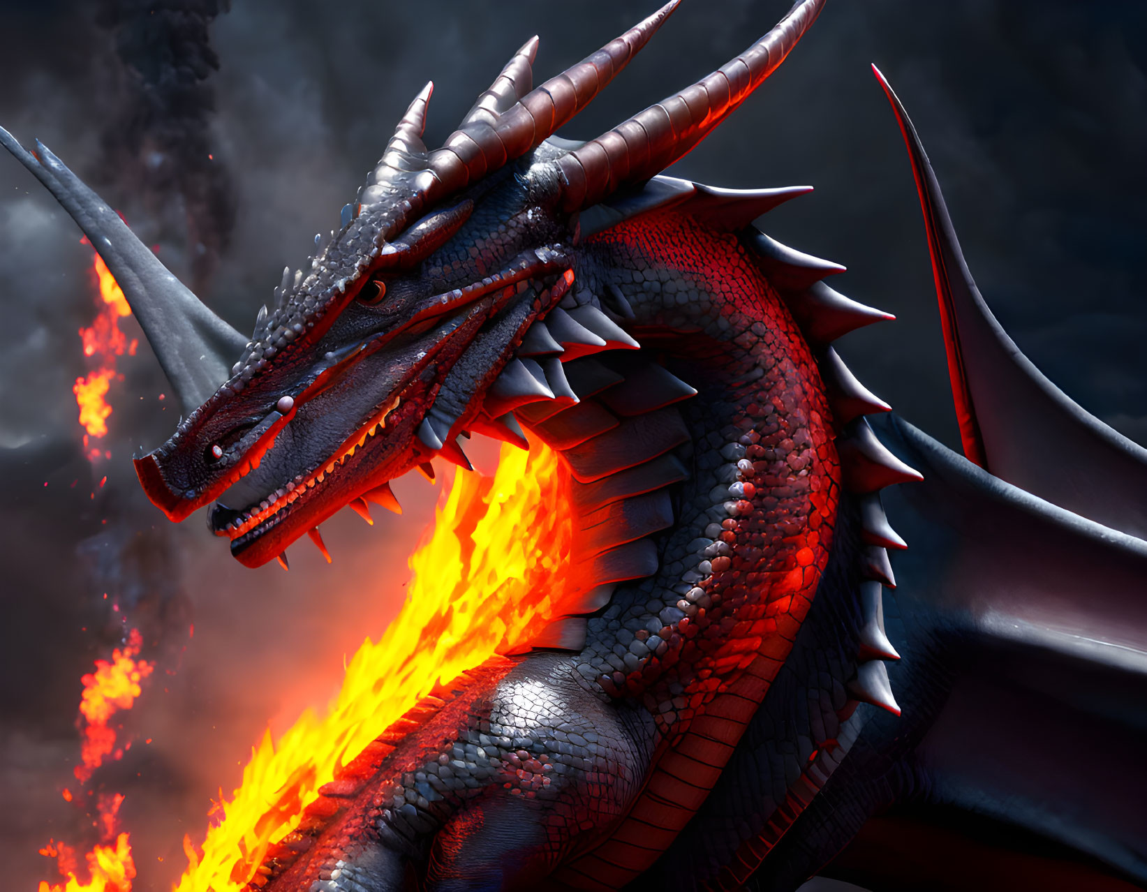 Detailed digital art: Red dragon with horns and scales, breathing fire on dark background