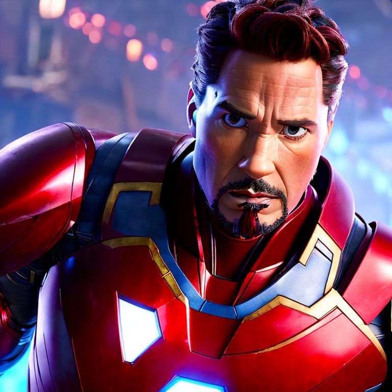 Animated character in red and gold armor with glowing blue arc reactor and goatee