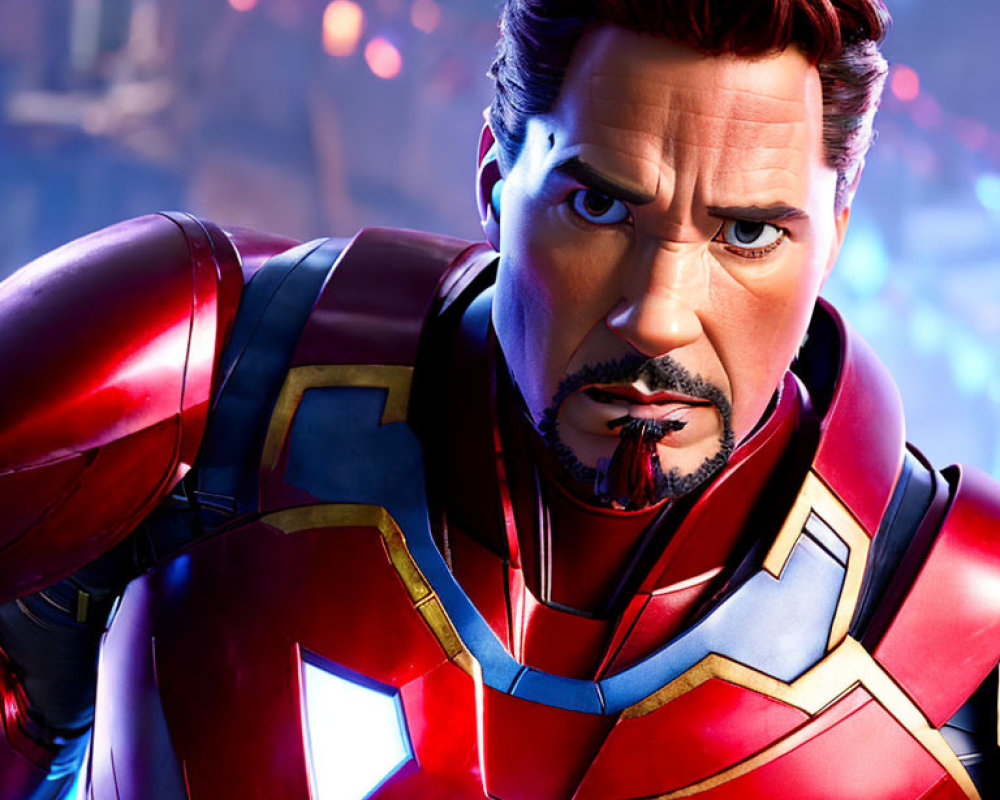 Animated character in red and gold armor with glowing blue arc reactor and goatee