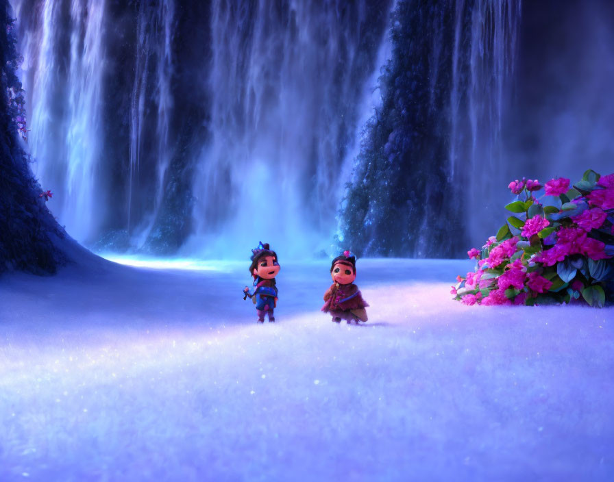 Animated characters in mystical setting with waterfall and pink flowers