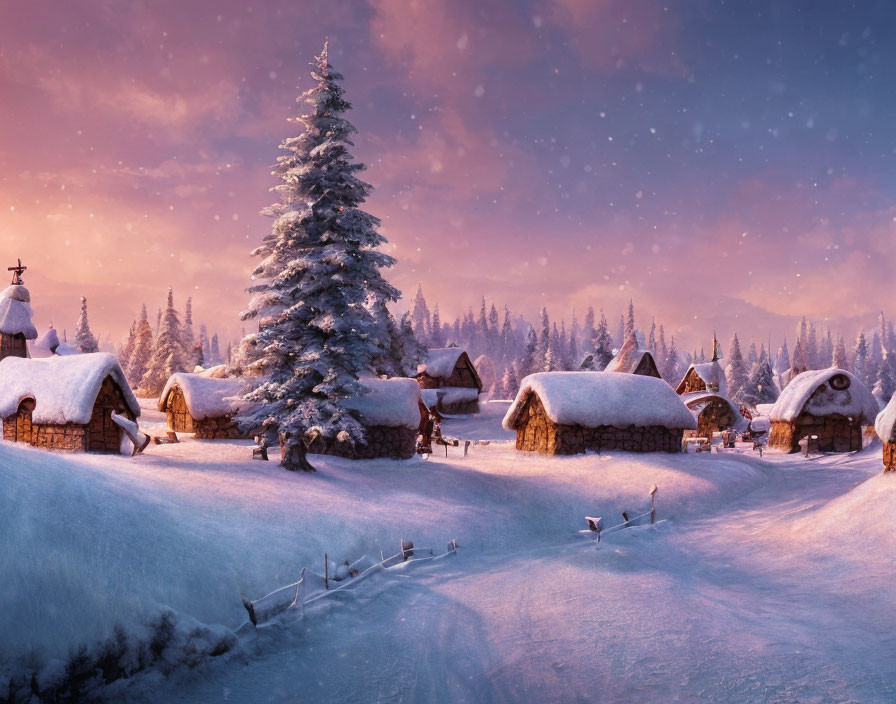 Winter village scene with snow, thatched-roof cottages, fir tree, and pink sky.