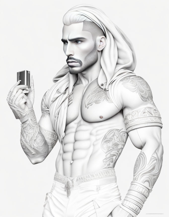 Monochrome illustration of muscular man with tattoos, beard, and styled hair holding perfume bottle