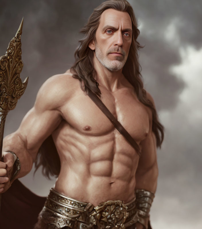 Muscular older man in golden armor with spear under cloudy sky