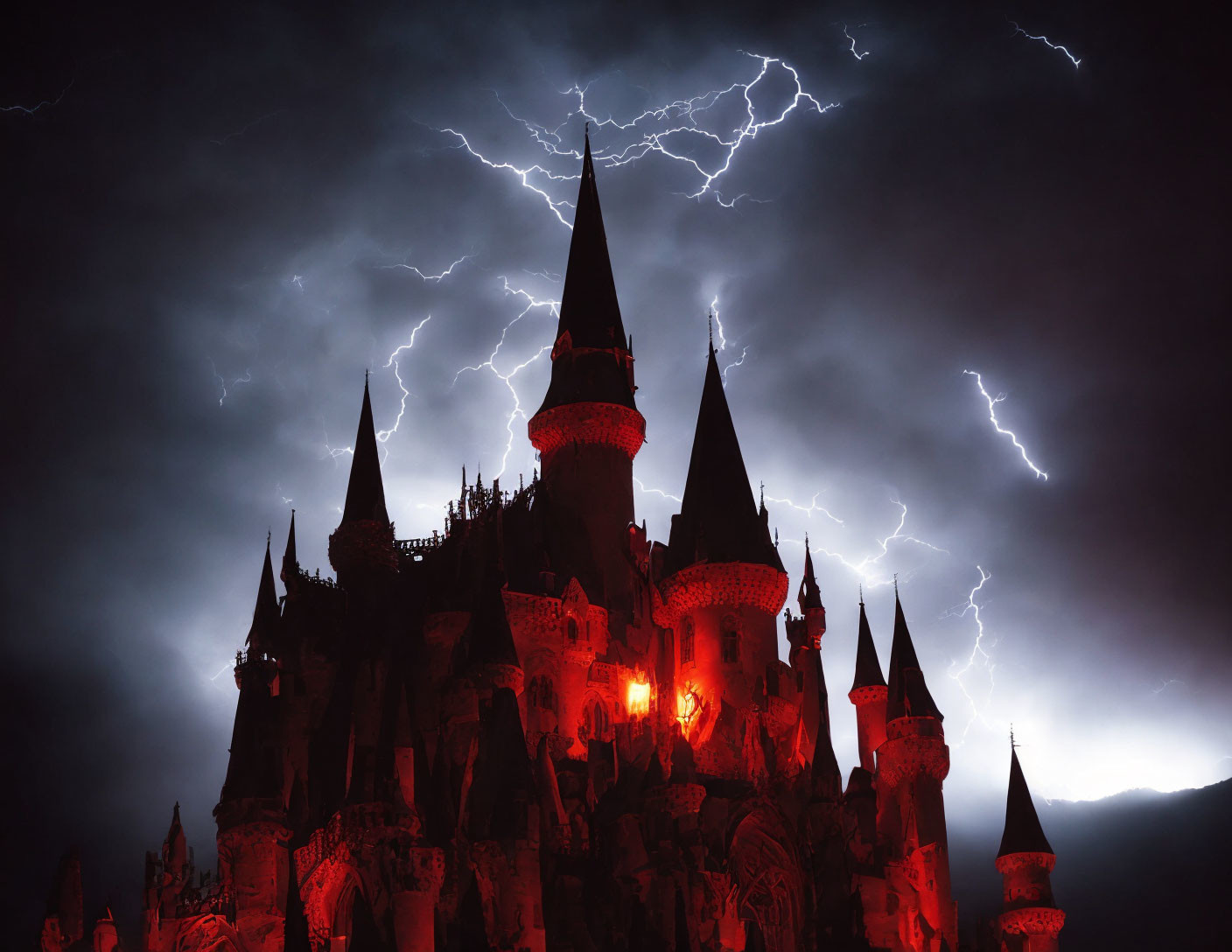 Gothic castle at night with lightning strikes and eerie ambiance