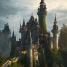 Enchanted castle on lush hill in golden sunlight