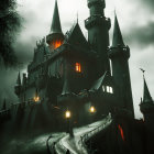 Eerie Gothic Castle with Illuminated Windows at Dusk