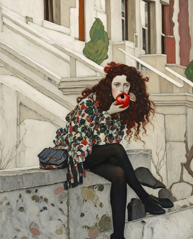 Woman with long red hair holding red apple on stone steps in floral top, black skirt, and t