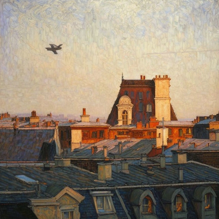 Cityscape painting at dusk with warm light and airplane in textured sky.