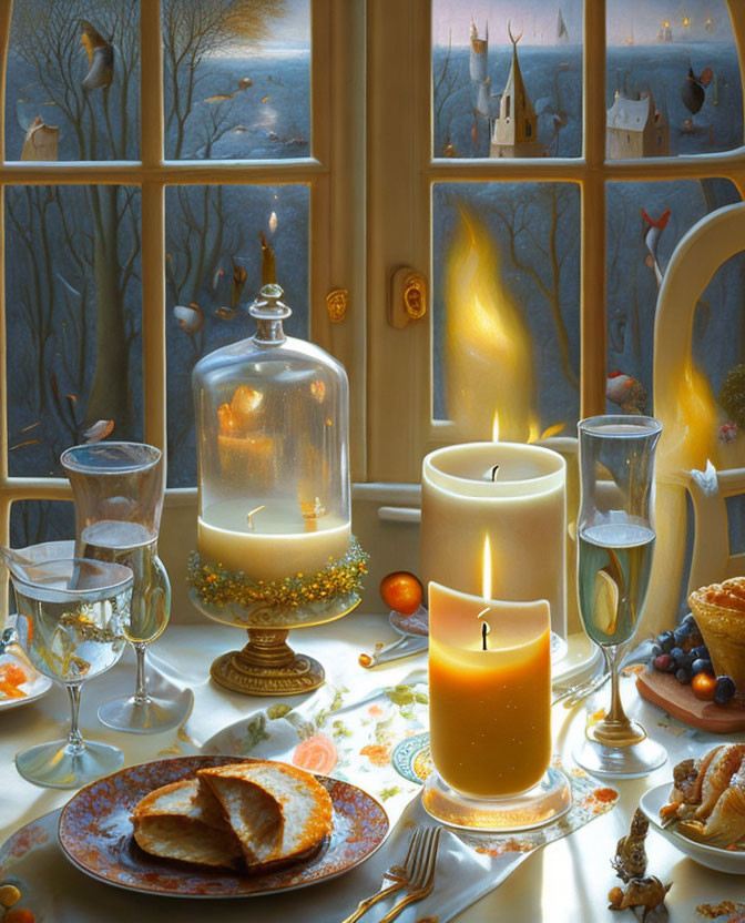 Candlelit cozy scene with pie and glassware by window overlooking twilight castle landscape