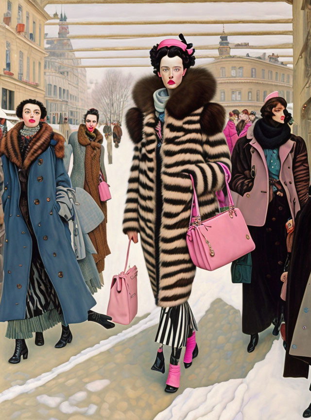 Stylized painting of women in luxurious winter coats on city street