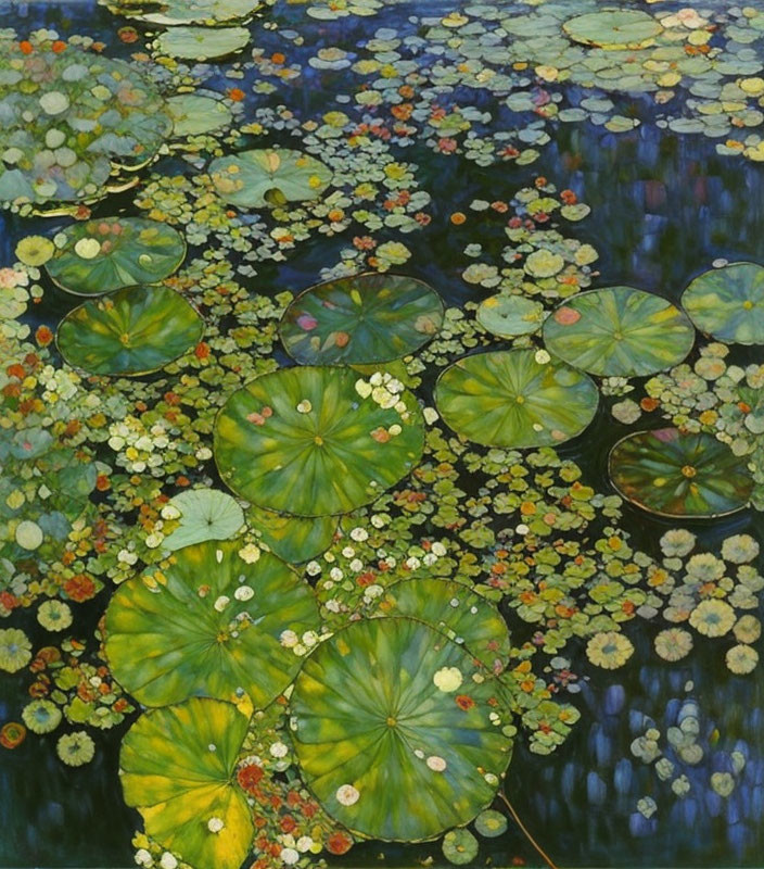 Green lily pads and multicolored flowers on reflective pond