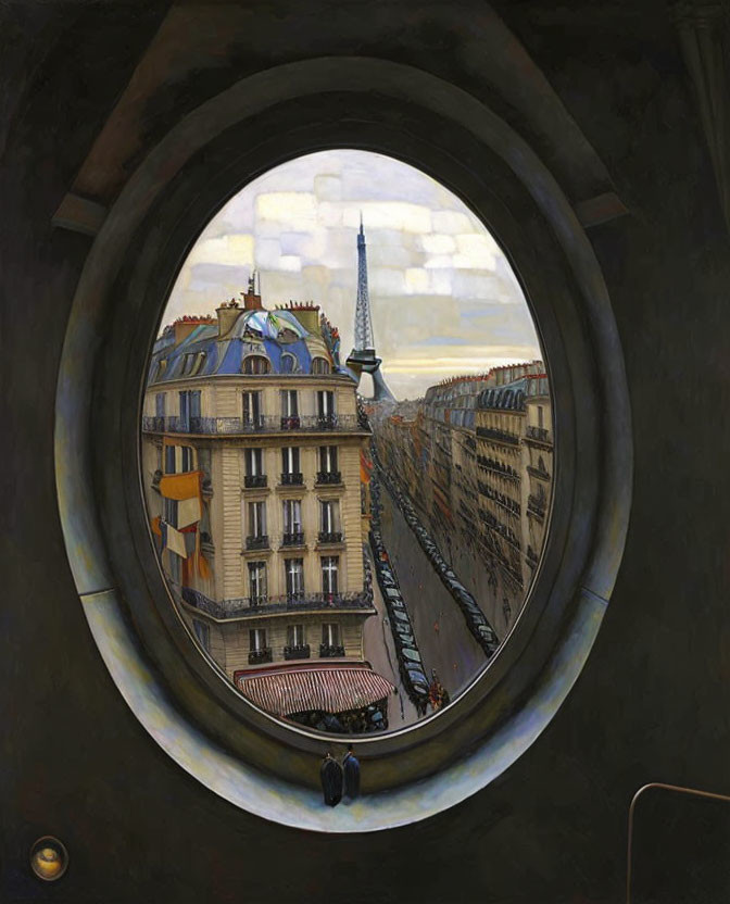 Parisian Street View with Eiffel Tower Through Circular Window