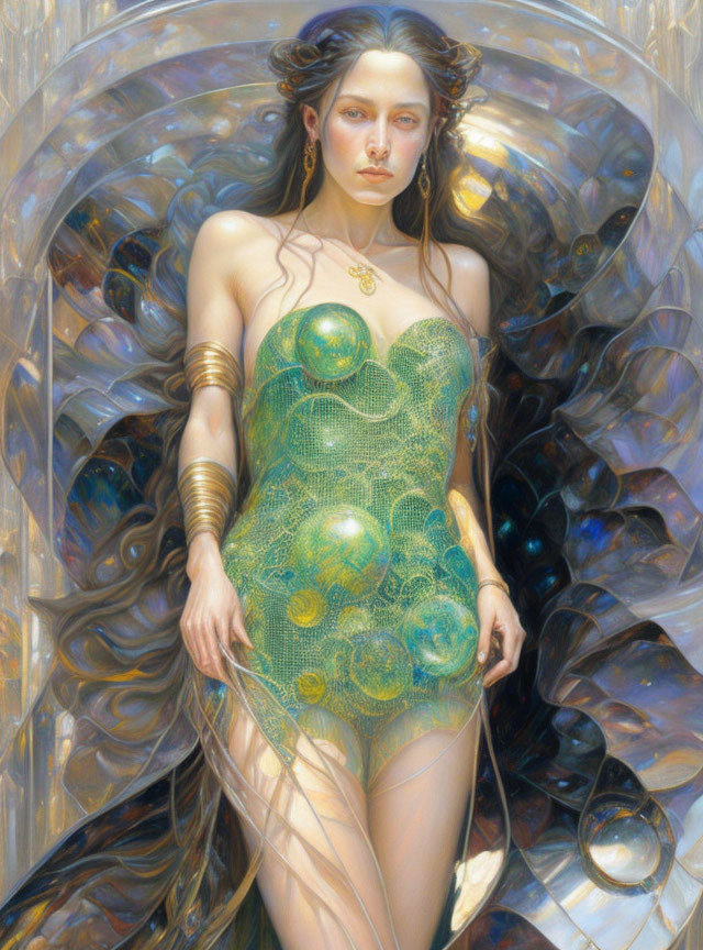 Fantastical painting of woman in green bodysuit with swirling backdrop