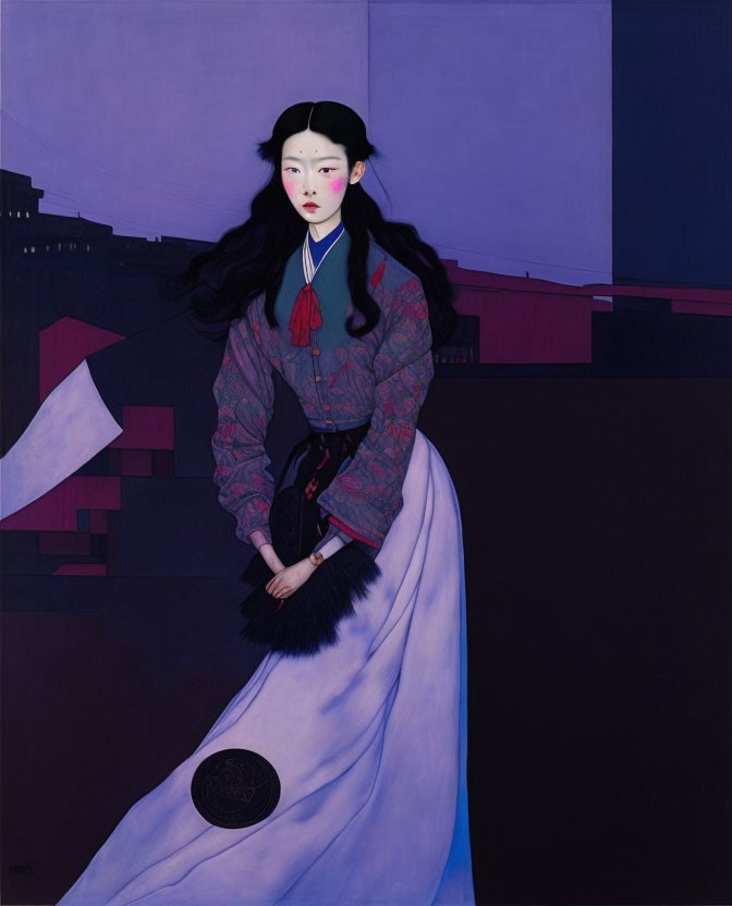 Stylized painting of woman in traditional attire against abstract background