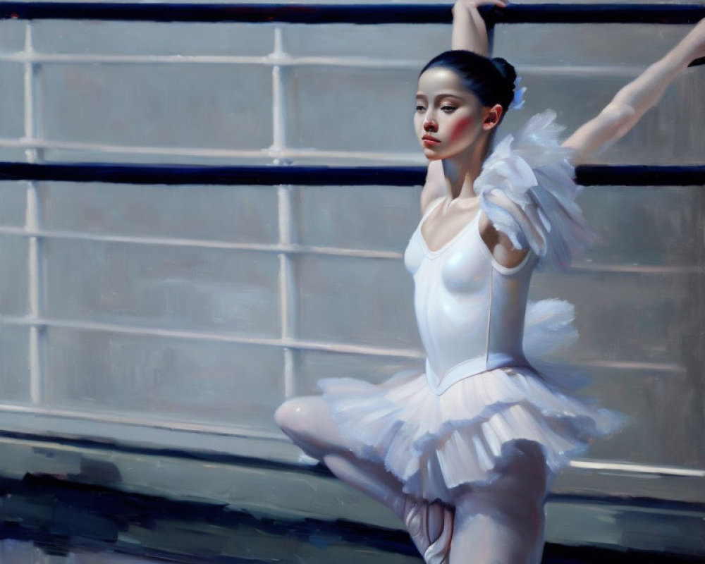 Elegant ballerina in white tutu poses near window with shadows