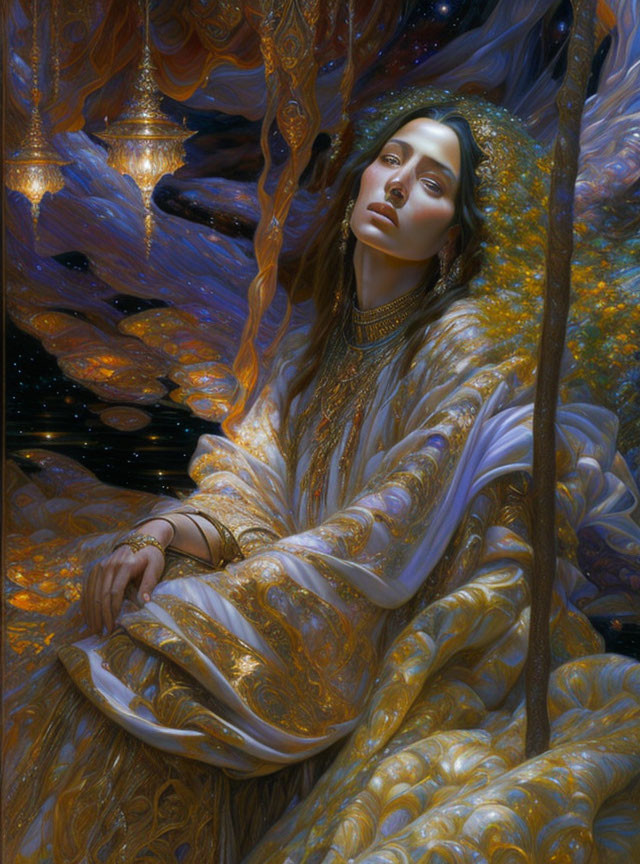 Pensive woman in golden robe with staff under starry sky