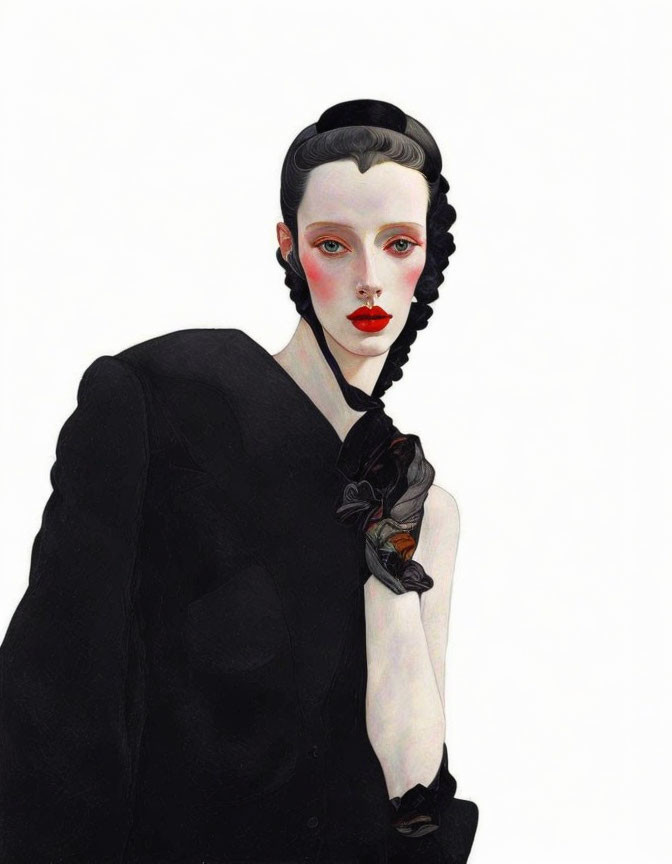 Illustration of woman with braided hair, red lips, pale skin, black outfit with bow