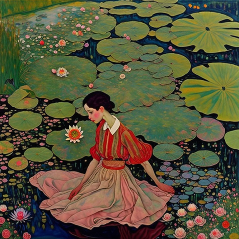 Woman in Red Blouse and Pink Skirt Sitting by Pond with Lotus Flowers