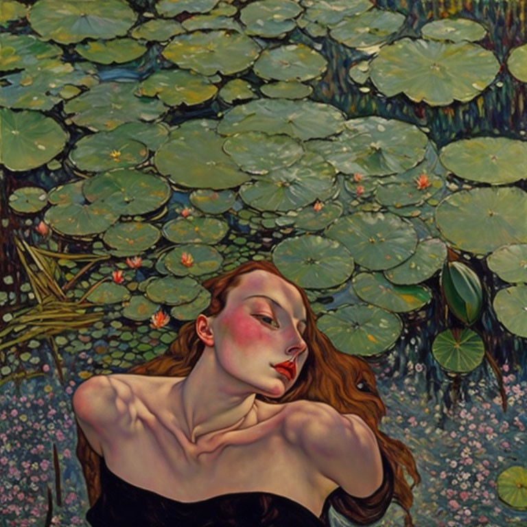 Red-haired woman rising from pond with lily pads and pink flowers