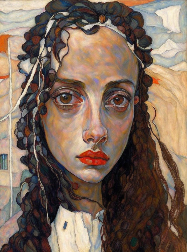 Detailed painting of woman with expressive eyes and curly hair in warm red and orange palette