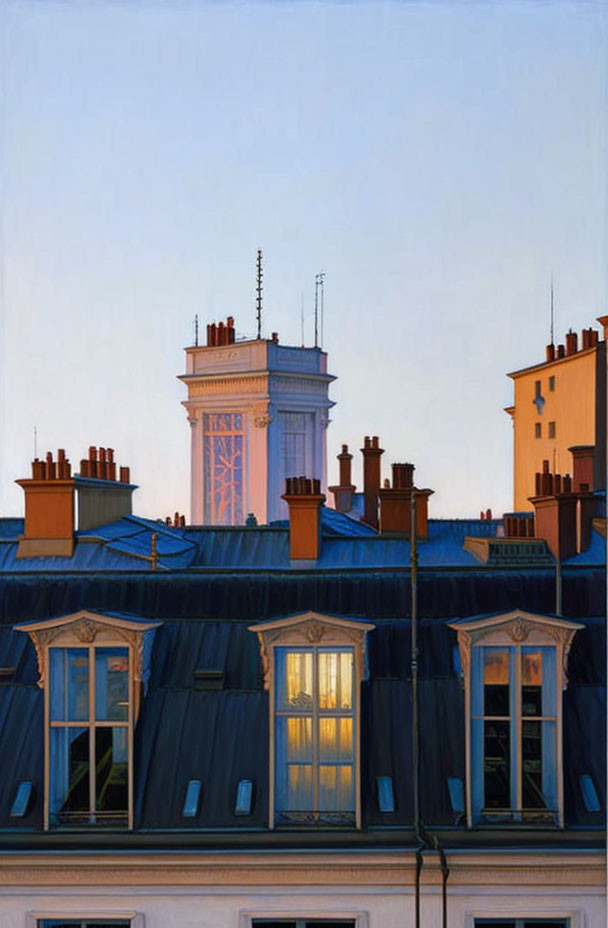 Parisian Buildings Dusk Scene: Illuminated Windows, Rooftops, Chimneys, Tower Ant