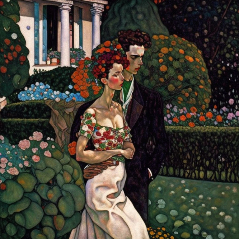 Illustrated couple in floral dress and dark suit in lush garden