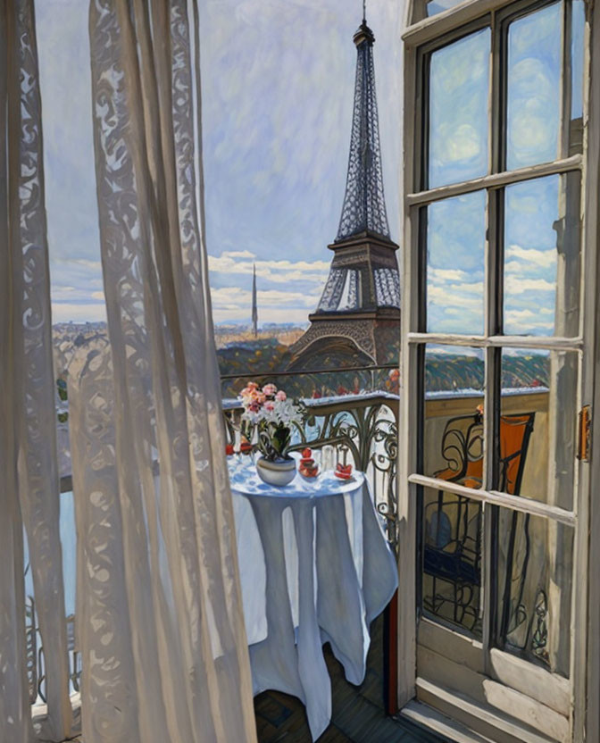 Intimate balcony scene with table for two, Eiffel Tower view from open window.