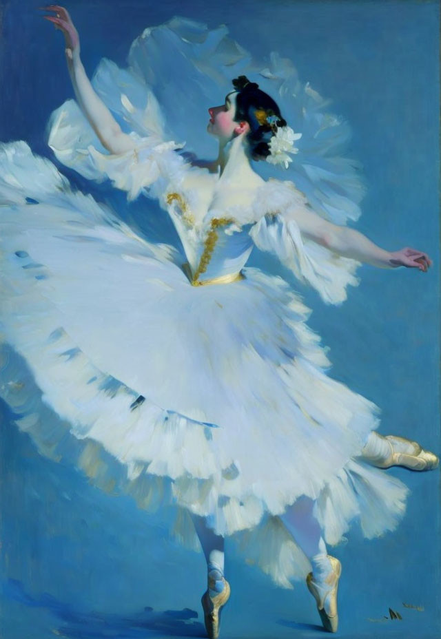 Ballerina in white tutu twirling on blue background