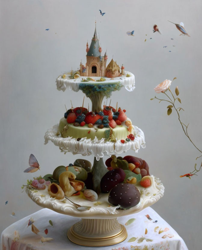 Three-tiered castle cake with fruit, butterflies, and birds on neutral background