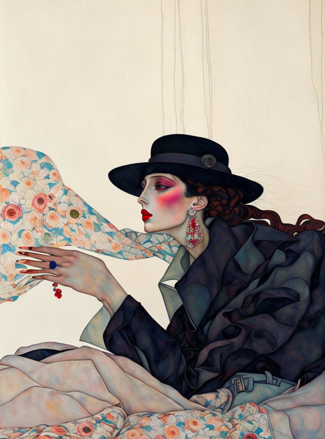 Stylized woman in large black hat and flowery dress on cream background